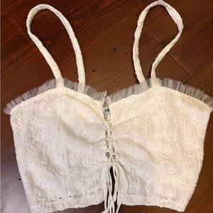 Zara White Lace Corset-Style Crop Top with Tulle Ruffle